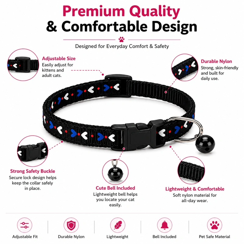 Adjustable Cat Collar Features Adjustable Fit and Bell