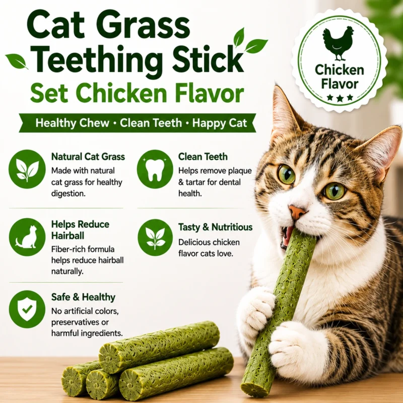 Cat enjoying Taipet Cat Grass Teething Stick for digestion immunity and balanced nutrition