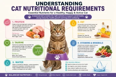 Essential nutritional requirements for cats including protein fat taurine vitamins and water