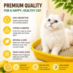 Lemon Bentonite Cat Litter features including strong clumping low dust odor control and high absorption