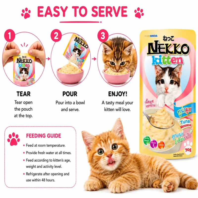 Real tuna Omega 3 taurine and Vitamin E ingredients in Nekko Kitten Tuna Mousse