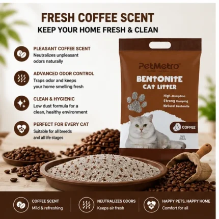 Benefits of PetMetro Coffee Scent Cat Litter 5L including strong clumping high absorption and low dust