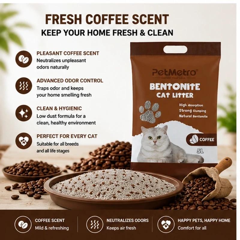 Benefits of PetMetro Coffee Scent Cat Litter 5L including strong clumping high absorption and low dust