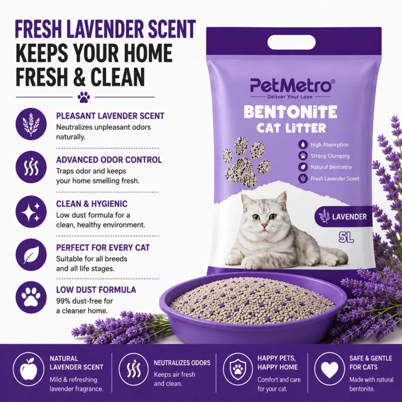 PetMetro Lavender Scent Cat Litter 5L with refreshing lavender fragrance and odor control