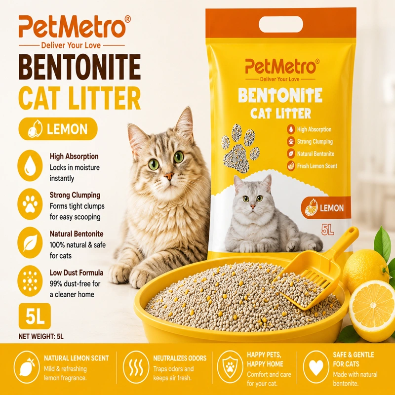 PetMetro Lemon Scent Cat Litter 5L with refreshing lemon fragrance and odor control