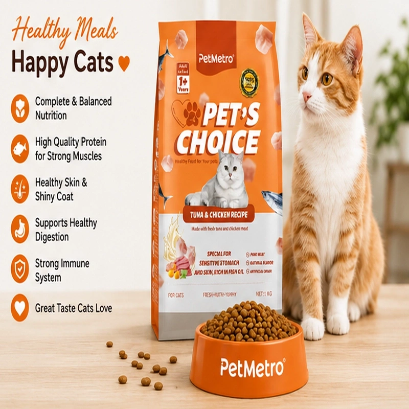 PetMetro complete and balanced nutrition cat food with tuna chicken and essential nutrients