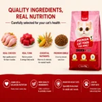 Taidom cat food made with real chicken, real tuna, essential nutrients, and premium kibble.