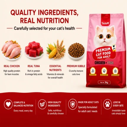 Taidom cat food made with real chicken, real tuna, essential nutrients, and premium kibble.