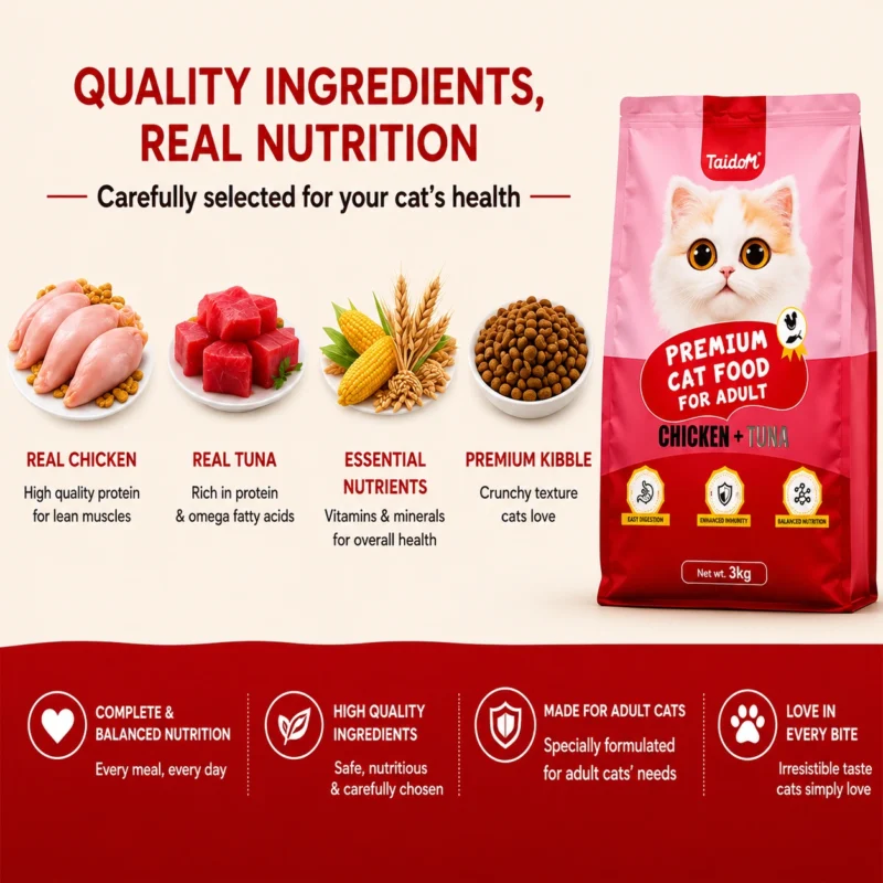 Taidom cat food made with real chicken, real tuna, essential nutrients, and premium kibble.