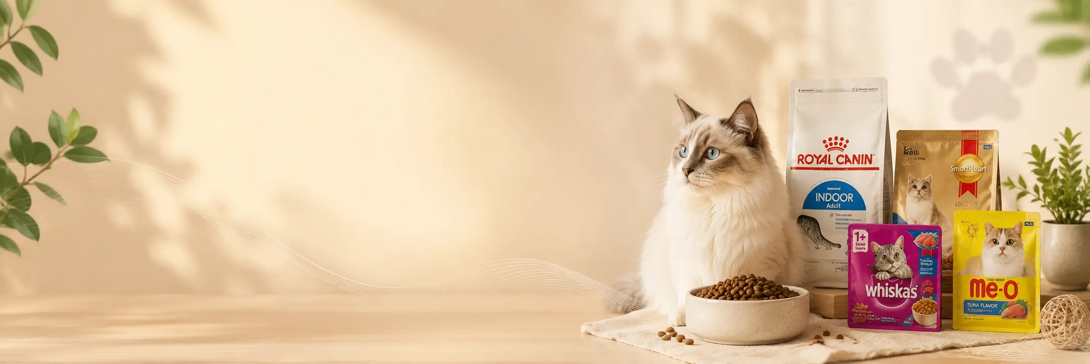 Premium cat food banner with healthy cat and pet food products in Bangladesh