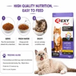 Rexy Plus kitten cat food feeding guide and nutrition features for growing kittens.