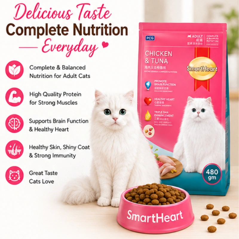 Benefits of SmartHeart Adult Cat Food Chicken and Tuna for healthy muscles brain heart and immunity