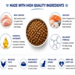 Taidom cat food made with real chicken, seafood, vitamins, minerals, and balanced nutrition.