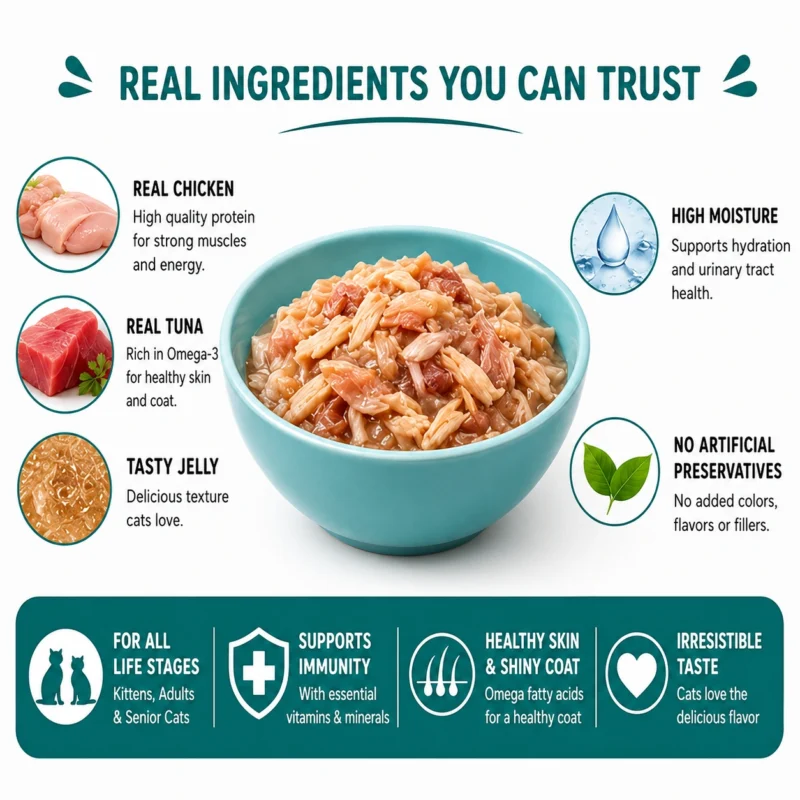 Complete balanced nutrition and hydration benefits of Taipet chicken and tuna wet cat food