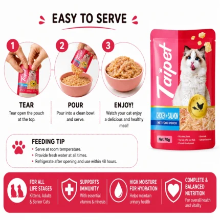 Premium chicken and salmon ingredients used in Taipet wet cat food