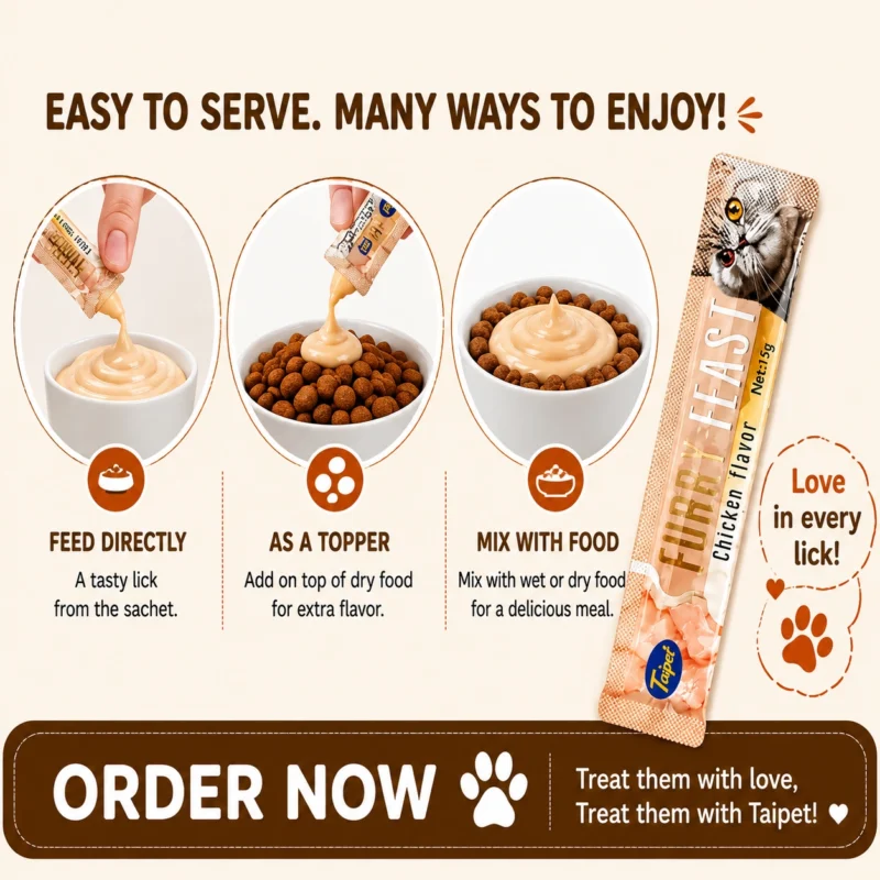 Ways to serve Taipet Furry Feast Chicken Cat Treat directly as topper or mixed with food