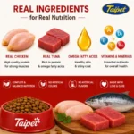 Real chicken tuna omega fatty acids vitamins and minerals in Taipet cat food