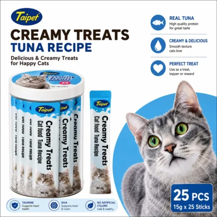 Taipet Creamy Cat Treat Tuna Recipe Flavor 25pcs jar pack with 25 creamy tuna treat sticks for cats, rich in taurine and DHA, suitable as a delicious daily reward.