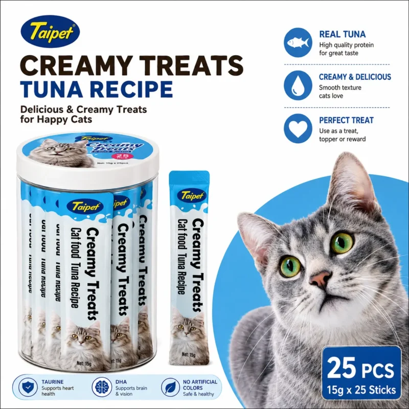 Taipet Creamy Cat Treat Tuna Recipe Flavor 25pcs jar pack with 25 creamy tuna treat sticks for cats, rich in taurine and DHA, suitable as a delicious daily reward.