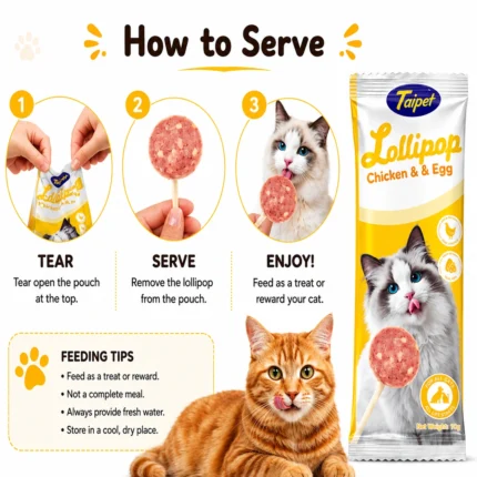 How to serve Taipet Lollipop Chicken and Egg cat treat and feeding instructions