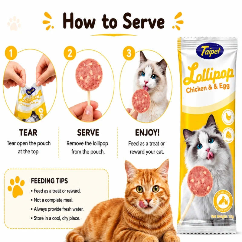 How to serve Taipet Lollipop Chicken and Egg cat treat and feeding instructions