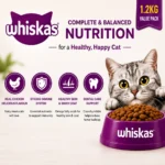 Whiskas adult cat food benefits including strong immunity, healthy skin and coat, and dental care support.