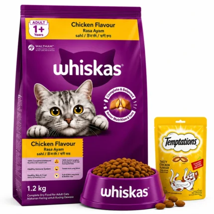 Whiskas Chicken Flavour Adult Dry Cat Food 1.2kg with complete and balanced nutrition for adult cats.