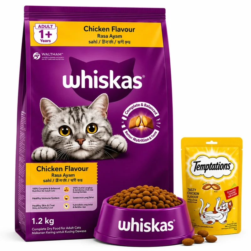 Whiskas Chicken Flavour Adult Dry Cat Food 1.2kg with complete and balanced nutrition for adult cats.