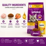 Whiskas complete and balanced nutrition for healthy adult cats with chicken flavour and essential nutrients.