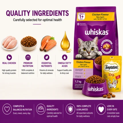 Whiskas complete and balanced nutrition for healthy adult cats with chicken flavour and essential nutrients.