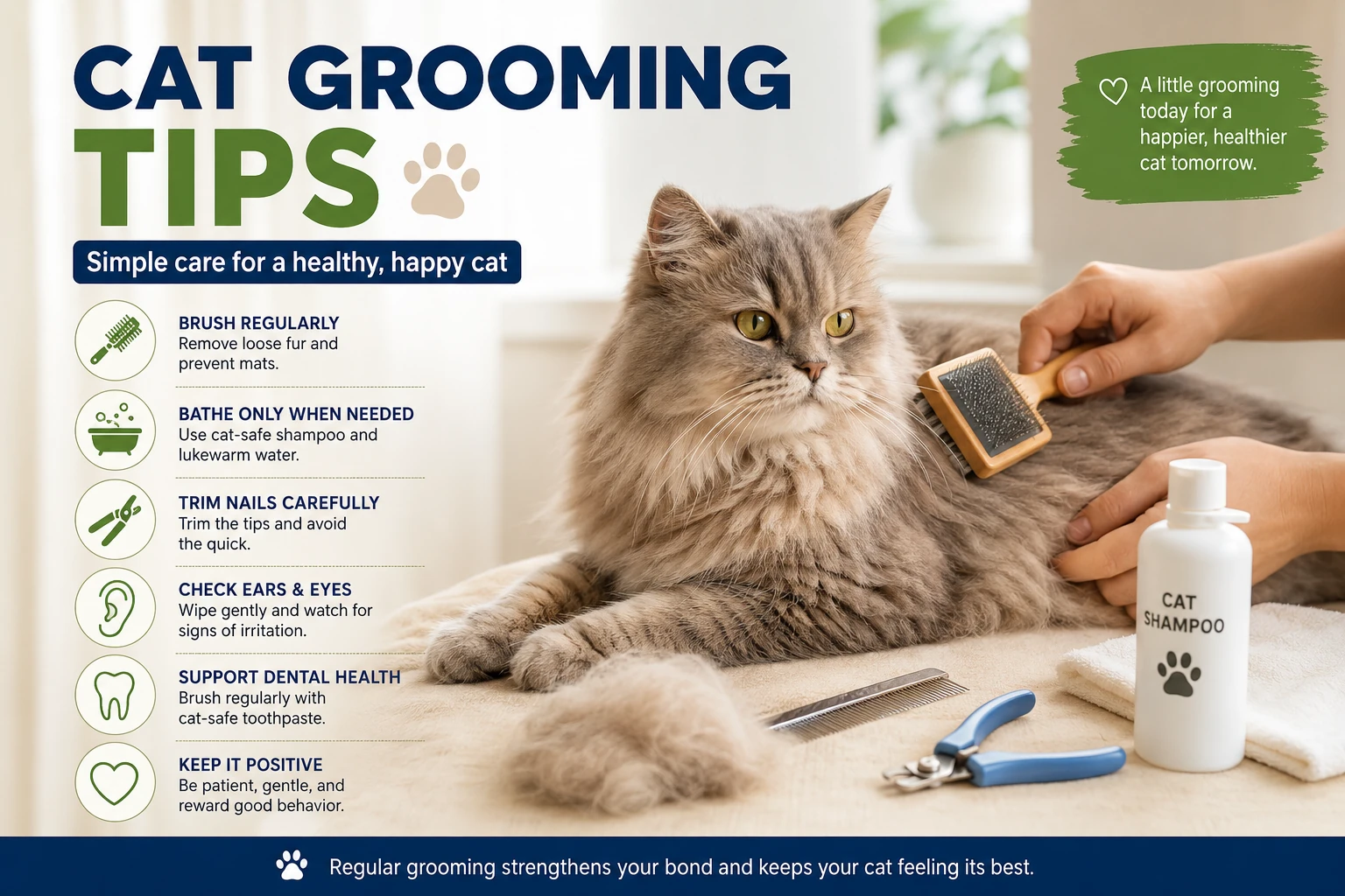 Cat grooming tips for Bangladesh homes with brushing, nail trimming, bathing, ear care, and dental care advice
