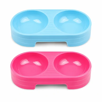 Blue and pink Double Food Bowl for Cat with two feeding compartments