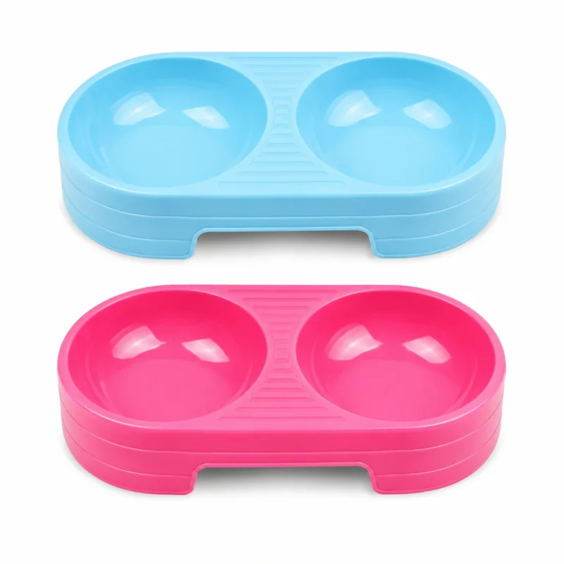Blue and pink Double Food Bowl for Cat with two feeding compartments