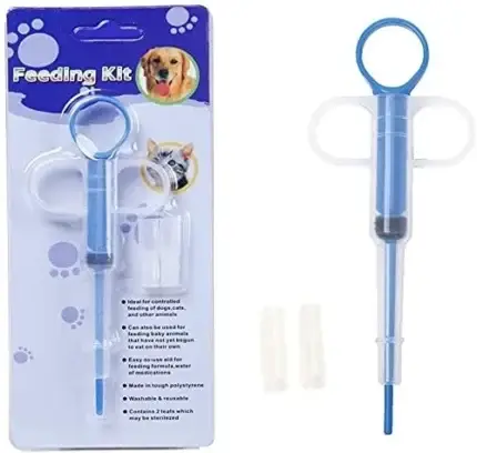 Feeding Kit for Dogs and Cats, blue syringe feeder with two teats