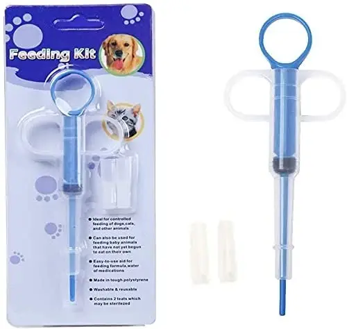 Feeding Kit for Dogs and Cats, blue syringe feeder with two teats