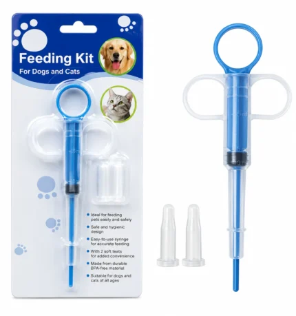 Feeding kit for dogs and cats with syringe feeder and two soft teats