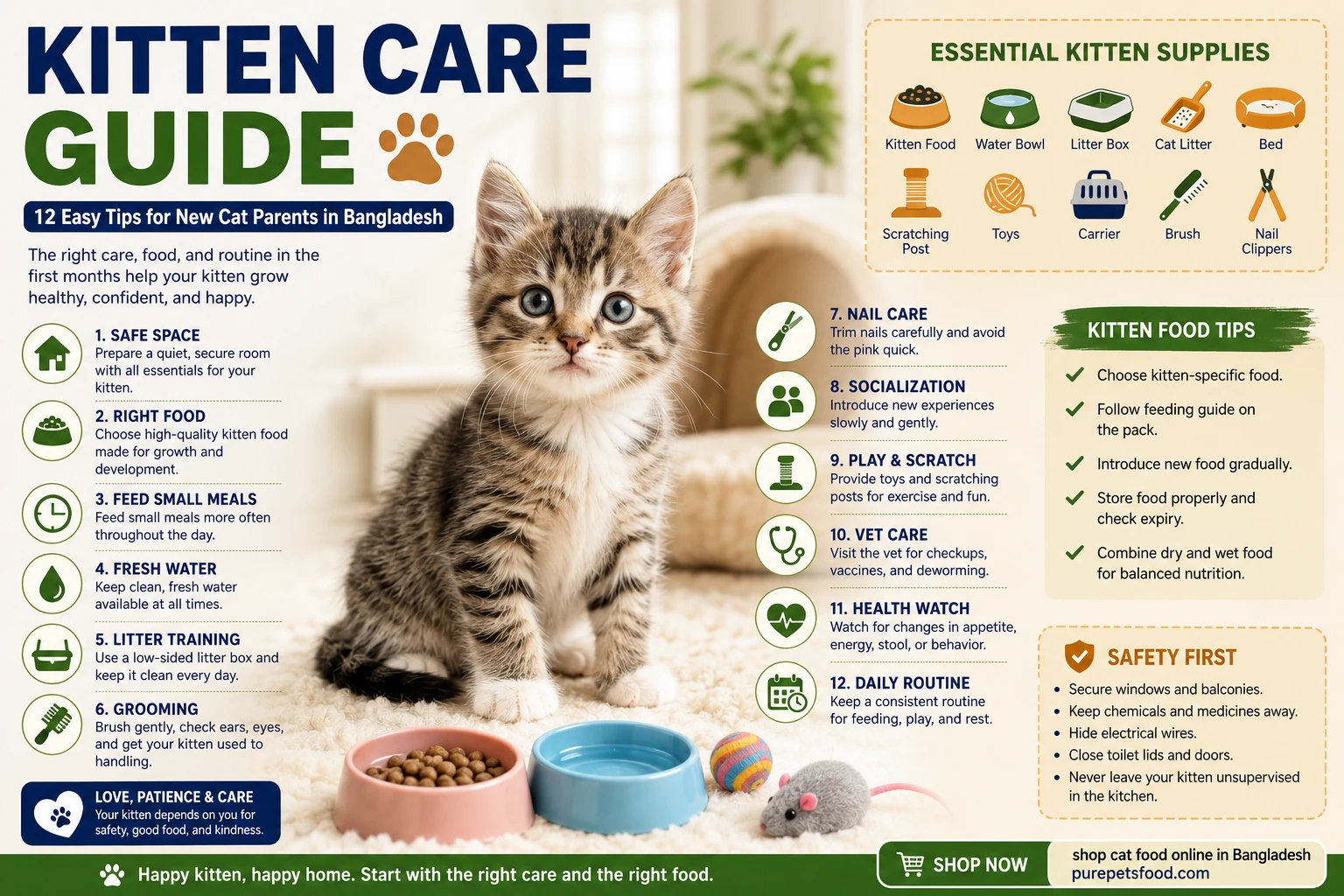 Kitten care guide for new cat owners in Bangladesh with feeding, litter training, grooming, vet care, and safety tips