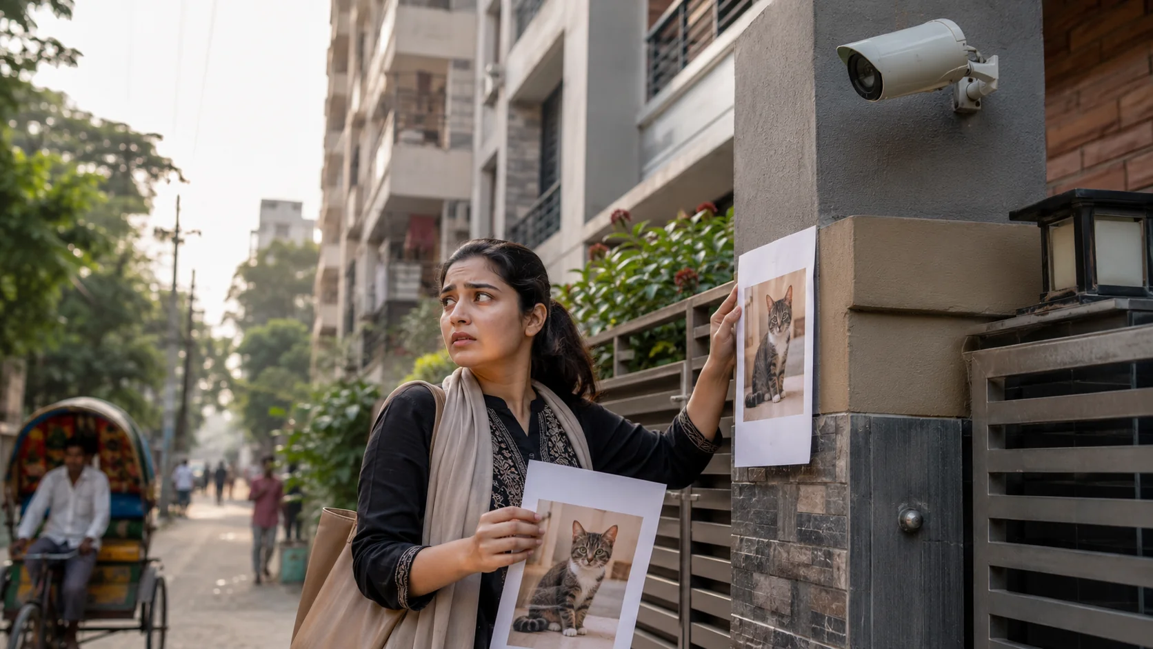 A worried pet owner searching for a missing cat near an apartment building in Bangladesh with a CCTV camera visible