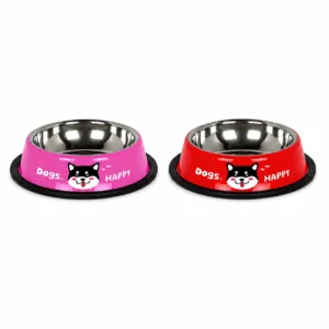 Pink and red Steel Food Bowl for Pets with stainless steel interior and non-slip base