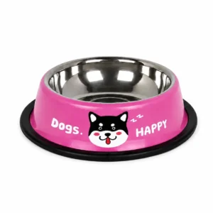 Pink Steel Food Bowl for Pets with stainless steel insert and black non-slip base
