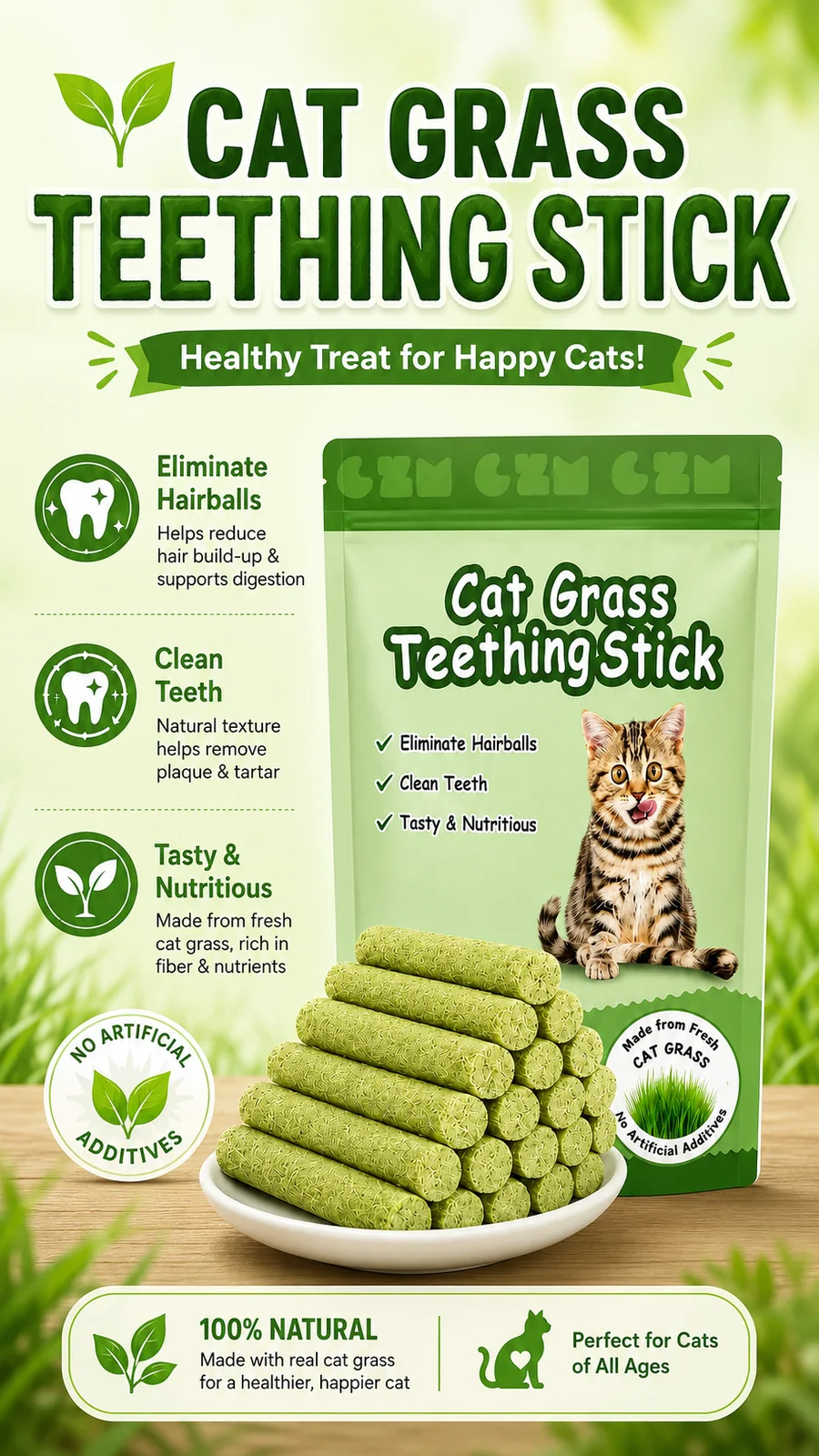 Cat Grass Teething Stick for cats chicken flavor