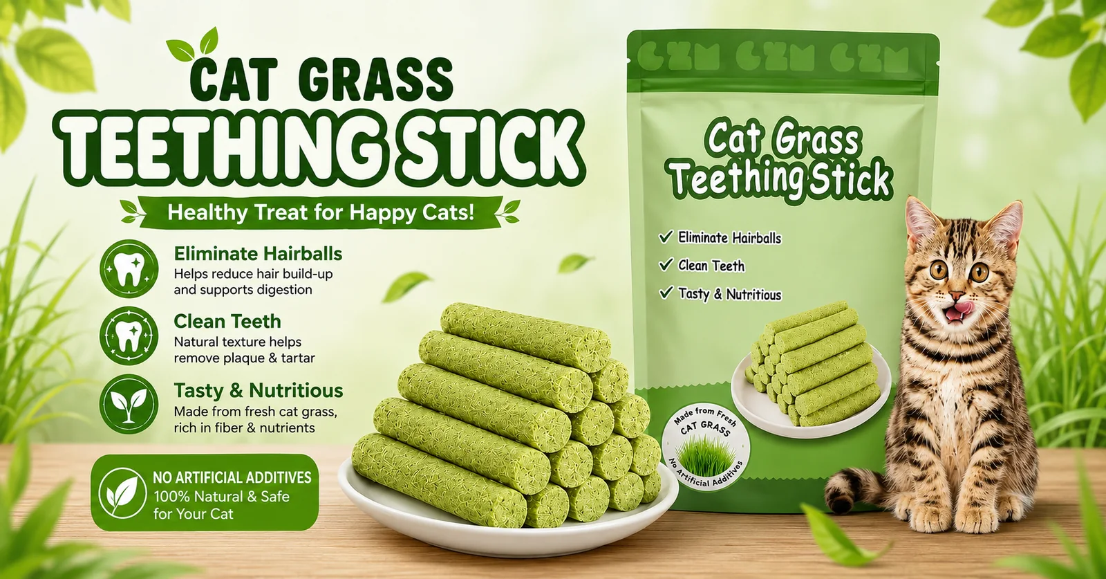 Cat Grass Teething Stick Set Chicken Flavor 6Pcs