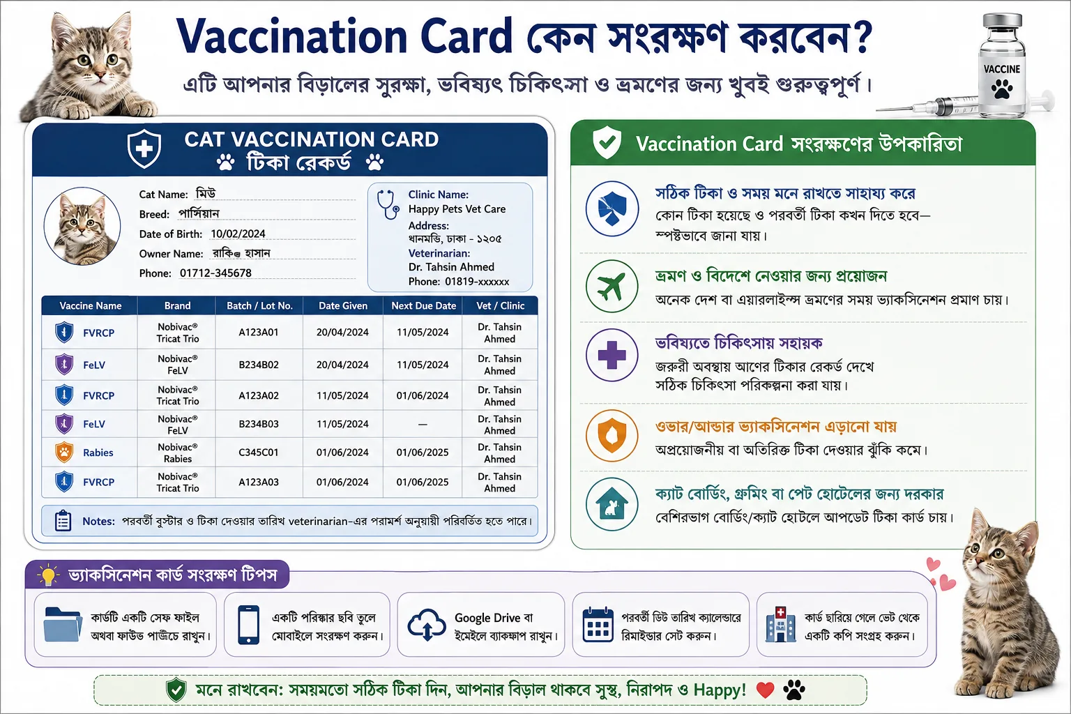 Sample cat vaccination card showing vaccine records and next due dates