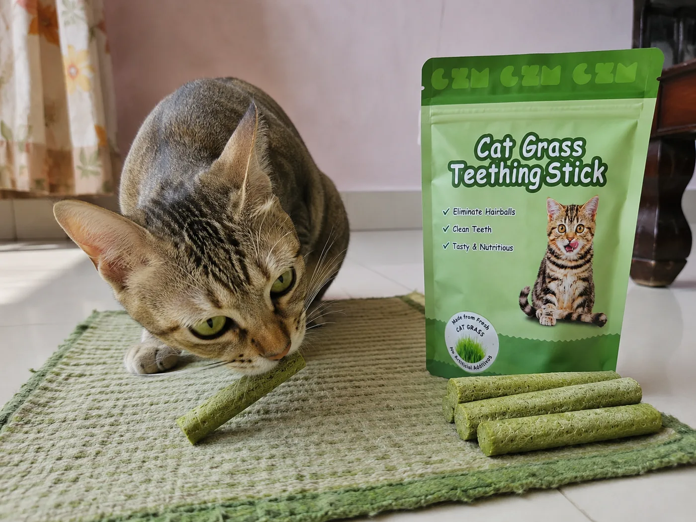 Cat chewing Cat Grass Teething Stick in a home setting