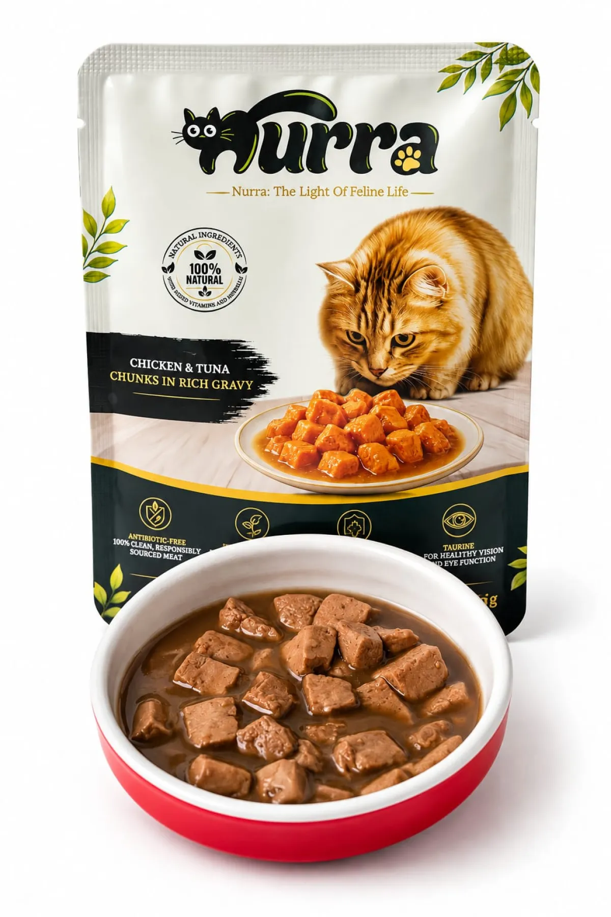 nurra-chicken-tuna-gravy-85g-original-1200w Nurra Chicken and Tuna Chunks in Rich Gravy 85g wet cat food pouch with bowl